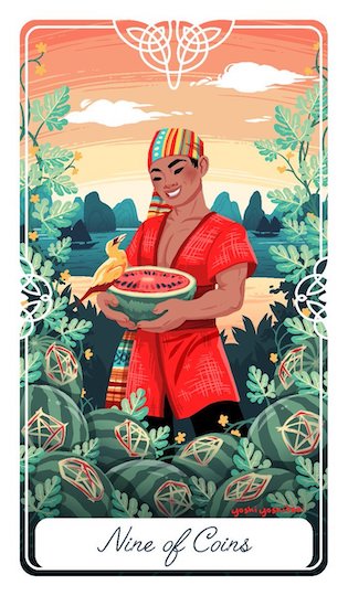 錢幣九:西瓜王子麥安鐵|Tarot of the Divine 神聖塔羅(圖片來源:https://twitter.com/yoshisquared)